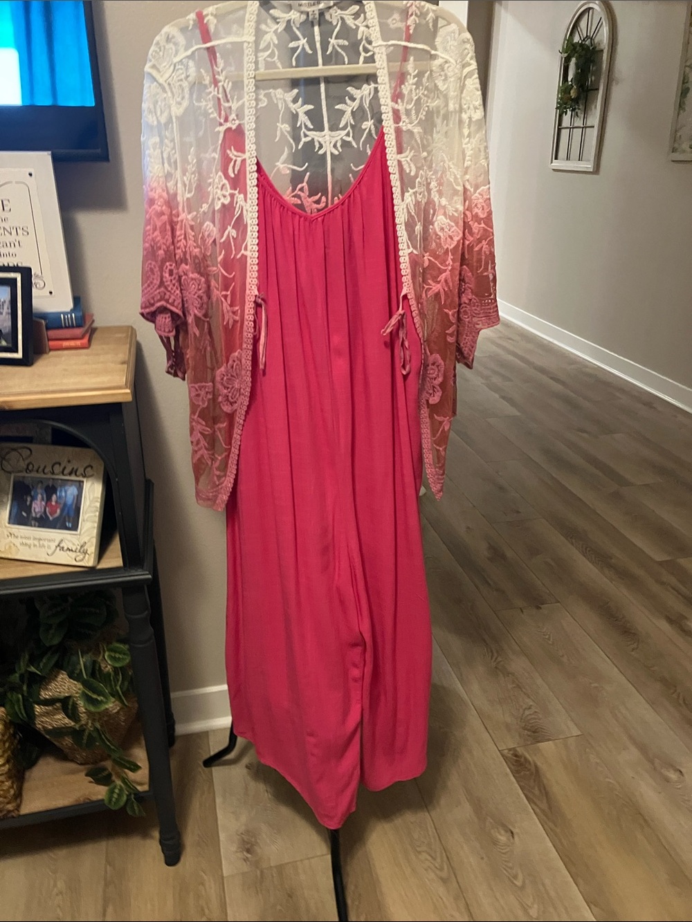 Women’s Pink Sleeveless Maxi Dress with Lace Kimono set
